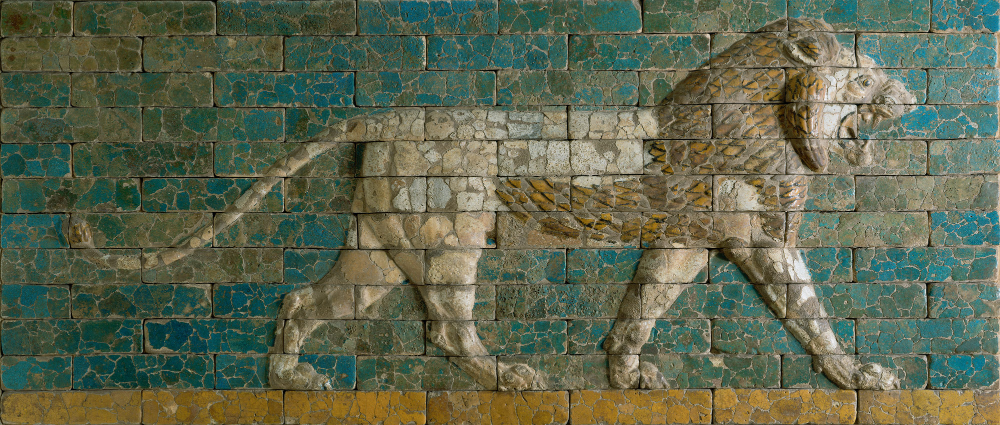 Blue tile imagery from Ishtar's gate of a lion with wings
